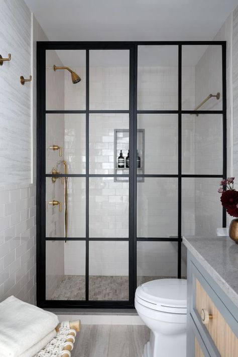 Black Bathroom Fixtures, Black Shower Doors, Bathroom Shower Doors, Framed Shower Door, Bathroom Design Black, Subway Tiles Bathroom, Transitional Bathroom, Modern Farmhouse Bathroom, Black Shower