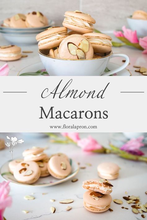 A stack of blush-colored macarons sits piled in a teacup in the first image, and the bottom image shows half of an eaten macaron with flowers behind it. Gluten And Dairy Free Macarons, Almond Macaron Filling, Almond Macaroons Recipe, Amaretto Macarons, Best Macaroon Recipe, Macaroon Flavors, Almond Macarons, Cafe Treats, Macaroon Filling