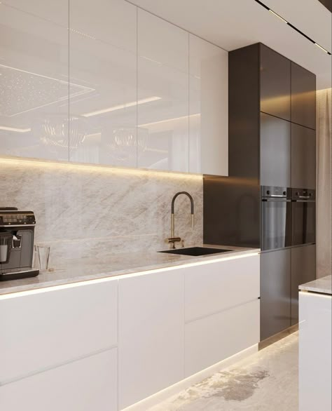 White And Brown Kitchen, Kitchen With White Marble, Kitchen Aluminium, Glossy Kitchen, White Kitchen Inspiration, Modern Kitchen Cabinet Design, Condo Kitchen, Beige Kitchen, Brown Kitchen