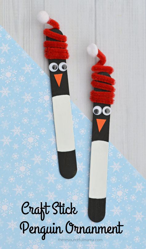 Transform basic craft sticks into this super craft stick penguin ornament for your Christmas tree. The pipe cleaner hat adds a fun whimsical hat to your penguin craft. Diy Penguin Ornaments Christmas, Easy Christmas Crafts Pipe Cleaners, Tongue Depressor Ornaments, Christmas Pipecleaner Craft, Tongue Depressor Christmas Crafts, Pipe Cleaner Holiday Crafts, Arts And Crafts For 3rd Grade, Diy Pipe Cleaner Ornaments, Penguin Ornaments Diy