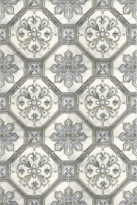 Step onto this classic patterned tile, Cambridge, featured on carrara marble. This traditional design is a favorite for kitchen backsplashes and on bathroom floors. Traditional Flooring Pattern, Bathroom Flooring Vinyl, Bathroom Flooring Tile, Floor Porcelain Tile, Tile Patterns Bathroom, Bathroom Floor Tile Patterns, Classic Pattern Design, Pink House Interior, Small Bathroom Paint