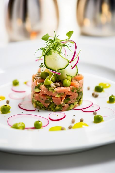 Savour the Exquisite Taste of Salmon Tartare with Avocado and Cucumber - A Mediterranean Delight #mediterraneandiet Salmon Tartare Recipe, Salmon Appetizer Recipes, Avocado And Cucumber, Tartare Recipe, Salmon Appetizer, Salmon Tartare, Tuna Tartare, Bacon Roll, Trout Recipes