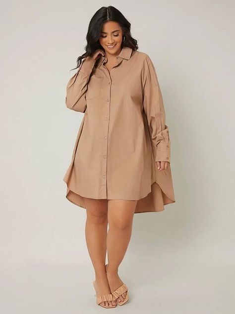 Aline Shirt Dress, High Low Shirt Dress, Bishop Sleeve Dress, Plus Size Shirt Dress, Lace A Line Dress, Pleated Shirt Dress, High Low Shirt, Khaki Shirt, Brown Fits