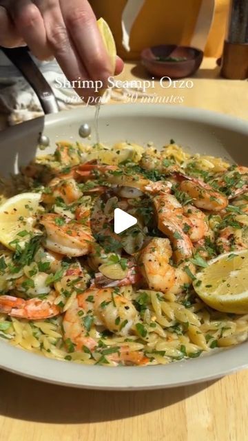 Mediterranean Diet & Lifestyle🇺🇲 on Instagram: "Shrimp Scampi Orzo FOR OFFICE WORKERS
🫶🏼Thanks @dishingouthealth
(Serves 4)

1 lb. large shrimp, peeled and deveined
2 Tbsp. extra-virgin olive oil, divided
1 lemon, divided
5 garlic cloves, thinly sliced
Kosher salt and freshly ground pepper
4 Tbsp. butter, divided
1/3 cup minced shallots
Pinch of crushed red pepper flakes
1/3 cup dry white wine (or broth mixed with a splash of white wine vinegar)
1 cup dry orzo pasta
1/4 cup chopped fresh parsley
2 Tbsp. chopped fresh chives
Place shrimp in a bowl and toss with 1 Tbsp. olive oil, the zest of 1 lemon, 2 thinly sliced garlic cloves, 3/4 tsp. kosher salt, and 1/2 tsp. freshly ground black pepper.
Heat 2 Tbsp. butter in a 12” Made In CeramiClad Frying Pan over medium. Once melted, add shrim Shrimp Pesto Orzo, Lemon Garlic Shrimp Orzo, Mediterranean Shrimp Pasta Recipes, Orzo Shrimp Recipes, Shrimp Scampi With Orzo, Rice Casseroles, Pesto Orzo, Shrimp And Pasta, Shrimp Orzo