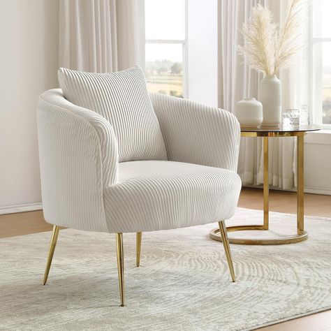 Art Leon Velvet Accent Chair, Upholstered Maximalist Single Sofa Chair, Comfy Barrel Chair with Golden Metal Legs for Living Room Bedroom, Off White Velvet Barrel Chair, Chic Accent Chairs, Chair Comfy, Upholstered Bedroom, Single Sofa Chair, Chair Wood, Velvet Accent Chair, Modern Accent Chair, Single Sofa