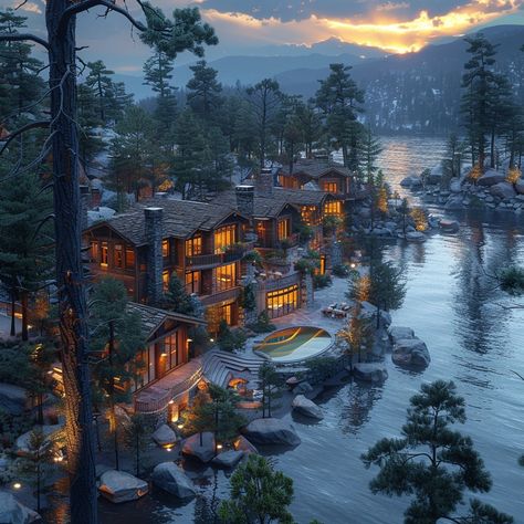 Indulge in tranquil lakeside living at this 11,000 sq ft Rustic Lakefront Lodge in Lake Tahoe. With 5 bedrooms and a captivating outdoor space, immerse yourself in nature's harmony. Envision gathering with loved ones as the sun sets behind the mountains in this serene retreat. Share your lakeside aspirations below! 🌅🏞️ #RusticElegance #LakeTahoeRetreat #LakefrontLiving #dreamhomeinspiration #luxuryliving #luxurydesign Mountain Lodge House Plans, Woodland Landscaping, Lodge House Plans, Mountain Mansion, Colorado Cabin, Lakeside Village, Colorado Cabins, Lakefront Living, Lakeside Living