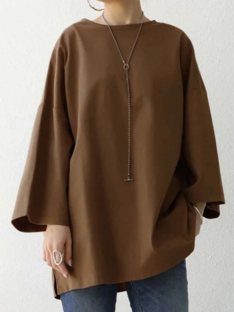 Sku CY-!165181 Material 95% Polyester Style Loose , Plus Size , Flared Sleeves , Long Sleeves Feature Solid Color Neckline Round-neck Occasion Casual , Urban , Simple Seasons Spring , Summer , Autumn Type T-Shirts Tops Color BLACK,WHITE,COFFEE,ARMY GREEN Size S,M,L,XL,2XL,3XL,4XL,5XL Please consult the size chart we provide for this item's measurements to help you decide which size to buy.Please note: There may be 1-3cm differ due to manual measurement. CMINCH Bust Sleeve Length S 118 29 79 M 12 Black And White Coffee, Flared Sleeves Top, Vintage Flare, Spring Shirts, Loose Blouse, White Coffee, Fashion Seasons, Solid Tops, Flared Sleeves