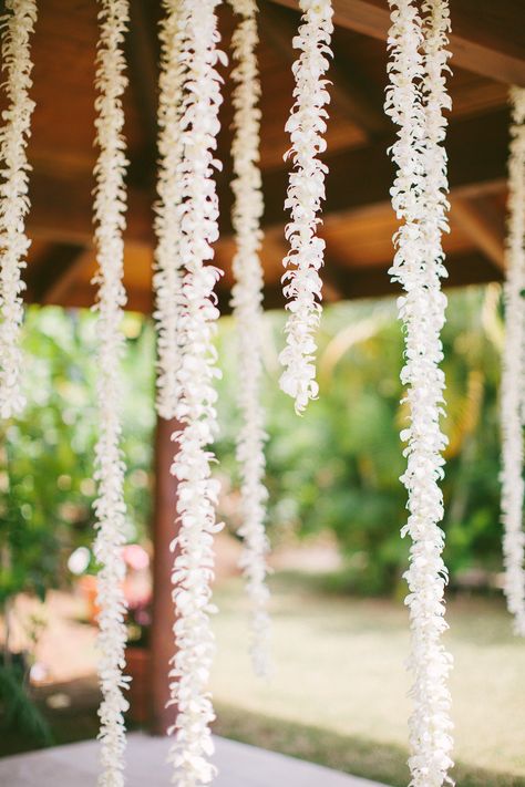 Hanging flower garland. Photography by Rebecca Arthurs | rebecca-arthurs.com, Event Planning by Vintage & Lace | vintageandlace.com | Read more - http://www.stylemepretty.com/2013/06/13/hawaii-wedding-from-rebecca-arthurs/ Hanging Flower Garland, Garland Wedding Decor, Flowers Hanging, Refined Wedding, Hanging Flower, Beach Wedding Decorations, Hawaiian Wedding, Maui Weddings, Flower Garland