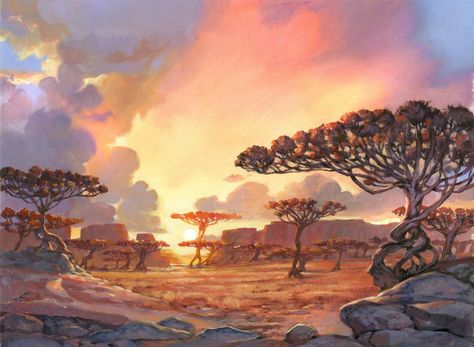 Mtg Land Art, Jesper Ejsing, Savannah Art, Pathfinder 2e, Black Is King, Jungle Tree, Fantasy Scenery, Mtg Art, Watercolor Landscapes