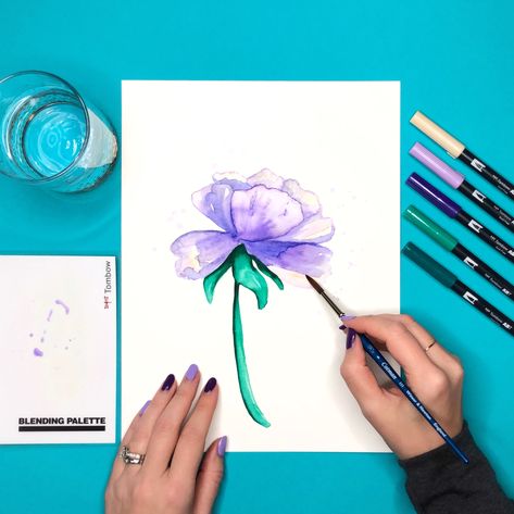 How to Create Watercolor Flowers with Markers Flowers With Markers, Drawings With Markers, Tombow Pens, Water Color Markers, Tombow Brush Pen, Paper Bunny, Brush Pen Art, Watercolor Brush Pen, Tombow Dual Brush Pen