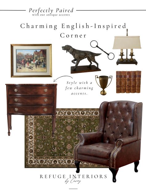 This post may contain affiliate links which means I may receive a commission for purchases made through links. Learn more on my Privacy Policy Page. Our style guides offer carefully curated looks designed to pair seamlessly with our antique and vintage home accents. British Country Home Interiors, English Cottage Bedroom Furniture, Antique Equestrian Decor, English Lodge Decor, Equestrian Office Ideas, English Country Hallway, Ralph Lauren Family Room, Ralph Lauren Living Room English Country, Country Club Decor Style