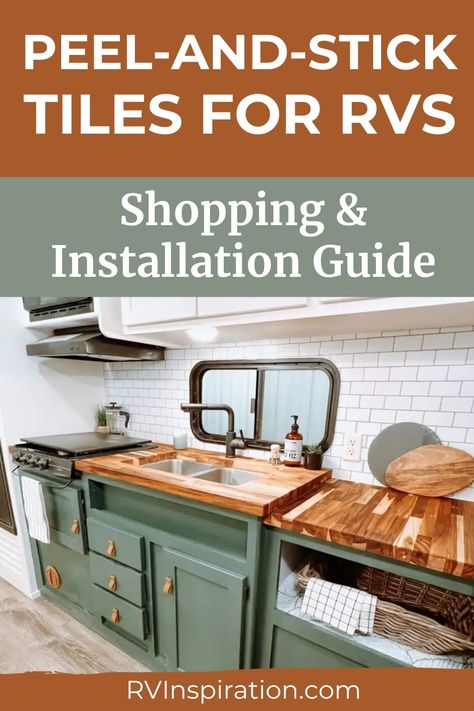 Peel-and-stick tiles are an inexpensive, easy, versatile, and lightweight way to spruce up your RV walls. That may be with a backsplash in your RV kitchen or bathroom, as a decorative wall border, as an entire accent wall, or even as a new finish on your cabinets or ceiling! In this article, we’ll give you tips for buying the best quality tiles and instructions on how to install them! #rvtips #rvinspiration Rv Newbies, Bathroom Backsplash Ideas, Rv Models, Rv Design, Rv Inspiration, Rv Interior Remodel, Stick Tile Backsplash, Rv Renovation, Renovation Tips