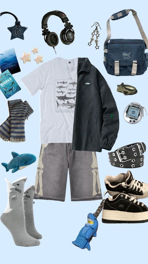 #art #vibes #outfitinspo #outfit #outfitideas #outfitidea #shark #sharks #sharkboy #sharkoutfit #fit #fitinspo #blue #aesthetic #blueaesthetic #sharkaesthetic #grey #greyaesthetic Blue Shark Aesthetic, Shark Clothes, Silly Clothes, Blue Shark, Funky Outfits, Cool Fits, Swaggy Outfits, Blue Outfit, Blue Aesthetic