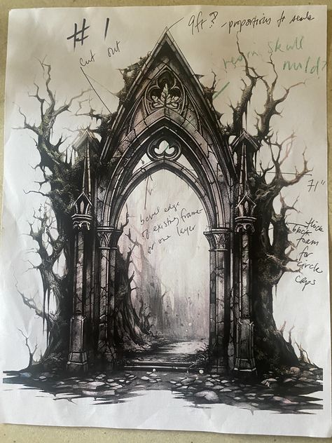 Creepy Window Drawing, Gothic Architecture Illustration, Gothic Architecture Design, Cemetery Drawing Graveyards, 19th Century Gothic Aesthetic, Creepy Landscape Drawing, Creepy Castle Drawing, Gothic Arches Architecture, Gothic Ink Art