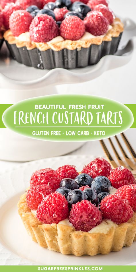 Fruit Custard Tart, Low Carb Summer Recipes, Galletas Keto, Fruit Custard, Low Carb Granola, Custard Tarts, Fruit Tart Recipe, Diet Cookies, Keto Fruit