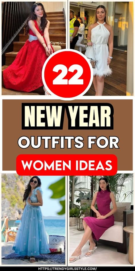 An image showcasing a collection of elegant New Year outfits for women, featuring glamorous evening gowns, stylish cocktail dresses, and sparkling accessories in festive settings perfect for any celebration.