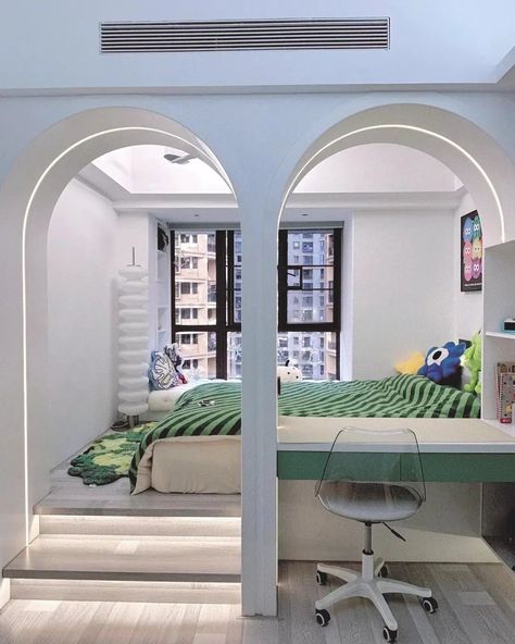 🌙 Dreamy Arched Oasis 🌙 ✨ This bedroom is a tranquil escape with its arched doorways, soft lighting, and serene color palette. The elevated platform bed adds a touch of cozy charm, while the built-in desk provides a functional workspace. Perfect for unwinding and dreaming. . . . . . #bedroominspo #interiordecor #archwaydesign #minimalisticstyle #homedecor #bedroomgoals #designinspiration Elevated Platform Bed, Arched Doorways, Bedroom Goals, Built In Desk, Bedroom Inspo, Platform Bed, Soft Lighting, Work Space, Oasis