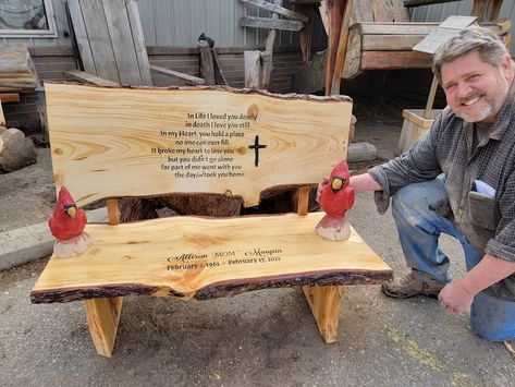 Handmade 4 Foot Memorial Bench With Cardinal FREE SHIPPING | Etsy Memorial Bench Quotes, Homemade Benches For Outside, Memorial Bench Ideas, Memorial Benches Outdoor, Rememberance Ideas, Memorial Garden Ideas, Guest Book Bench, Outdoor Bench Plans, Custom Bench