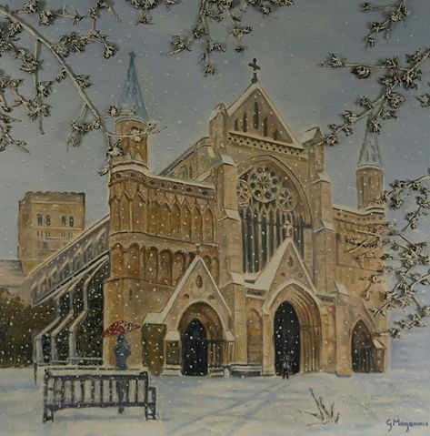 St Albans Cathedral, Hertfordshire, England - Oil & Acrylic Painting. Peterborough Cathedral, Hertfordshire England, St Albans, Peterborough, Landscape Illustration, Post Card, Christmas Watercolor, Winter Landscape, Christmas Inspiration