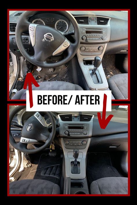 Nissan Centra before and after showing a detail. The top picture shows crumbs, debris, stains and more while the bottom is beautifully vacuumed and cleaned. It is displayed as a collage edited on Canva with the two pictures vertically displayed. Car Detail, Auto Body Shop, Collision Repair, Repair Shop, Nissan Sentra, Auto Body, The Body Shop, Cool Cars, Nissan