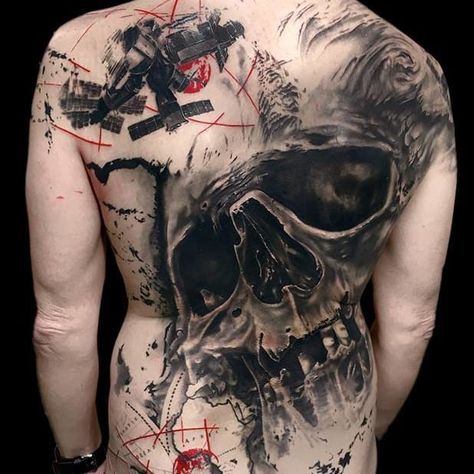 Discover | Tattoodo Skull Back Tattoo, Pretty Skull Tattoos, Realistic Trash Polka, Anatomical Tattoos, Trash Polka Tattoos, Trash Polka Tattoo Designs, Polka Tattoo, Hyper Realistic Tattoo, Trash Polka Tattoo