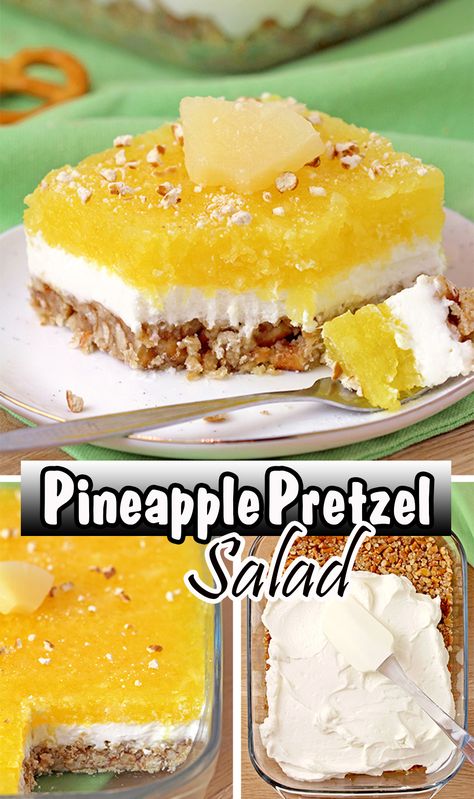 Pineapple Pretzel Salad – with crunchy pretzel crust, creamy filling made of cream cheese and cool whip, with refreshing pineapple layer on top is easy to prepare and so tasty. The combination of sweet and salty, crunchy and creamy and tropical taste best describe this unique salad, perfect for potlucks or holidays. Pineapple Pretzel Salad, Salty Pretzels, Cookie Salad, Jello Salads, Strawberry Pretzel Salad, Dessert Parfait, Light Dessert, Pretzel Salad, Pineapple Desserts