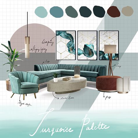 Turquoise Mood Board, Luxe Color Palette, Turquoise Palette, Interior Design Presentation Boards, Turquoise Room, Design Diagram, Materials Board Interior Design, Mood Board Interior, 포트폴리오 레이아웃