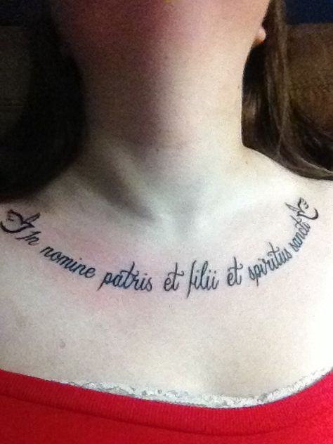 The Boondock Saints collar bone tattoo. In nomine Patris, et Filii, et Spiritūs Sancti. With doves. In Nomine Patris Tattoo, Boondocks Saints Tattoo, Boondock Saints Tattoo, Saints Tattoo, Boondocks Saints, Saint Tattoo, The Boondock Saints, Bone Tattoo, Quote Tattoo