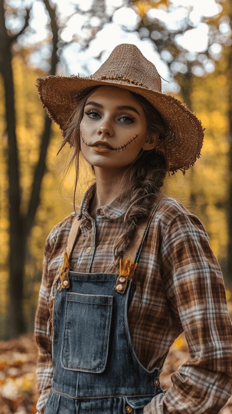 photo of a A fun and creative DIY Halloween costume for women, featuring one woman dressed as a scarecrow. She wears a plaid shirt, overalls, a floppy hat, and straw poking out from her sleeves and pockets. Her makeup includes simple stitched features on her face. She stands outdoors, surrounded by autumn leaves, with a light-hearted and festive Halloween atmosphere. Scarecrow Girl Costume, Diy Scarecrow Costume For Women, Halloween Costumes With Overalls, Costumes With Overalls, Scarecrow Costume Women, Diy Scarecrow Costume, Creative Halloween Costumes Diy, Halloween Costume For Women, Diy Scarecrow