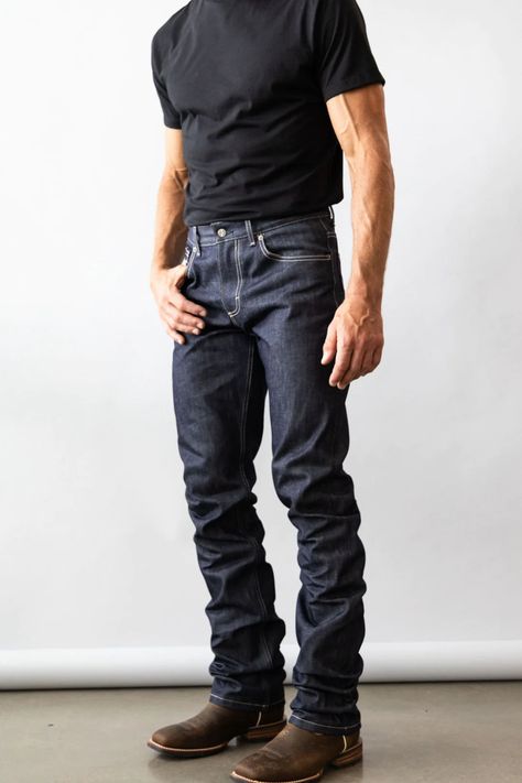 High Rise Jeans Men, Men Casual Outfit Jeans, Mens Jeans Outfit Casual, Rugged Straight Leg Bottoms For Ranch, Country Groomsmen Jeans, Rugged Fitted Straight Leg Jeans, Ranch Hand, Men’s Jeans With Boots, Mens Motorcycle Boots And Jeans