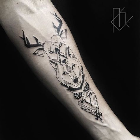 geometric animal tattoo Geometric Animal Tattoo, Totem Tattoo, Geometric Tattoo Design, Arrow Tattoos, Elephant Tattoos, Totem Pole, Wolf Tattoos, Geometric Animals, Nature Tattoos