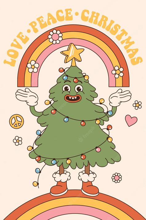 Retro Cartoon Style, Christmas Tree Logo, Hippie Christmas, Rainbow Christmas Tree, Cartoon Christmas Tree, Rainbow Christmas, New Year Illustration, Rainbows Christmas, New Years Poster