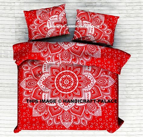 Beautiful Indian Screen Printed Cotton Ombre Mandala Duvet Cover or Quilt Cover in King size with pillow covers. This duvet cover is made of 100% Power loom Cotton fabric which gives a smooth feel because of its strong & durable weave. is a Reversible Duvet Cover ,You Can Use From Both Side. #boho #bohemian #reversible #durable #mandala #bedding #bedspread #coverlet #duvet #pillow #cotton #screenprint #quilt #blanket #cover #doona #king #comforter #gypsy #hippie handicraft-palace Silver Duvet Cover, Red Duvet, Mandala Duvet Cover, Mandala Bedding, Red Duvet Cover, Red Blanket, King Size Comforters, Indian Quilt, Bed Quilt Cover