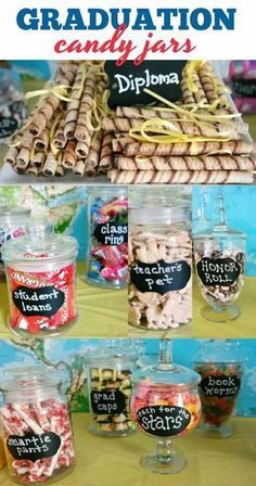 Such a cute idea for graduation candy jars! Diploma Cookies, Teacher Graduation Party, Unique Graduation Party Ideas, Kindergarten Graduation Party, High School Graduation Party Decorations, Teacher Party, Graduation Food, Outdoor Graduation, Holi Party