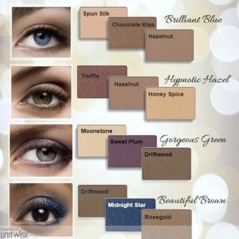 Brilliant Blue: Spun Silk, Chocolate Kiss & Hazelnut. Hypnatic Hazel: Truffle, Hazelnut & Honey Spice. Gorgeous Green: Moonstone, Sweet Plum & Driftwood. Beautiful Brown: Driftwood, Midnight Star & Rosegold. Mary Kay Eye Shadow, Maquillage Harry Potter, Mary Kay Eyeshadow, Kosmetyki Mary Kay, Mary Kay Gifts, Mary Kay Eyes, Makeup Charts, Selling Mary Kay, Mary Kay Marketing