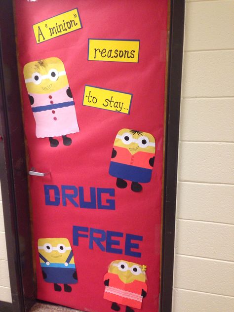 Red Ribbon Week classroom door. "Minion reasons to stay drug free" Red Ribbon Movie Theme, Movie Themed Red Ribbon Week, Movie Theme Red Ribbon Week, Red Ribbon Week Poster Ideas High School, Life Is A Movie Red Ribbon Week, Red Ribbon Week Movie Theme, Red Ribbon Week Door Decorating, Red Ribbon Week Door, Asb Ideas