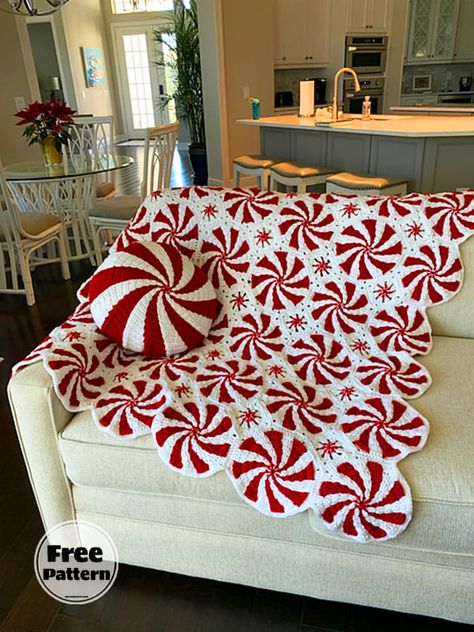 Peppermint Pillow Crochet Pattern Free Peppermint Blanket, Pillow Crochet Pattern Free, Peppermint Pillow, Crochet Blanket Free Pattern, Crochet Blanket Free, Pillows Design, Pillow Crochet Pattern, Christmas Crochet Blanket, Christmas Peppermint