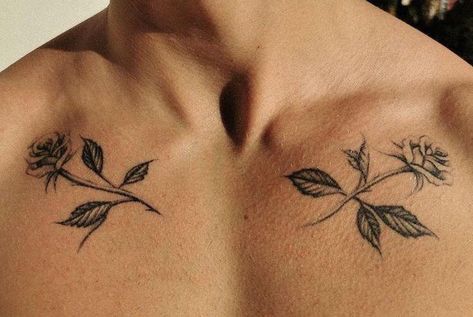 Men Collarbone Tattoo, Flower Chest Tattoo Men, Men’s Collar Bone Tattoo, Rose Chest Tattoo Men, Rose Tattoo Men Chest, Rose Collar Bone Tattoo, Roses Chest Tattoo, Small Chest Tattoo Men, Chest Flower Tattoo