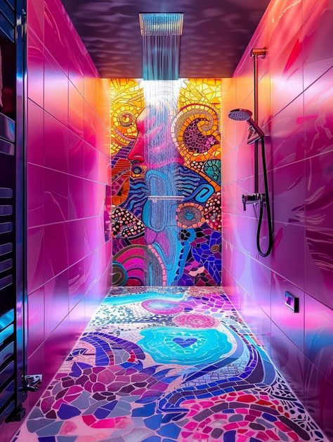 16 Boho Chic Shower Tile Inspirations to Transform Your Morning Ritual - Home Made Graceful Colourful Small Bathroom, Crazy Interior Design, Colorful Small Bathroom, Paige Core, Neon Bathroom, New House Construction, Bohemian Tiles, Diy Moss, Colorful Room Decor