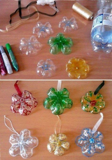 Snowflakes - 20 Fun and Creative Crafts with Plastic Soda Bottles Diy Christmas Snowflakes, Diy Natal, Water Bottle Crafts, Easy Holidays Crafts, Diy Christmas Ornament, Plastic Bottle Crafts, Crafts With Pictures, Christmas Ornament Crafts, Wrapping Ideas