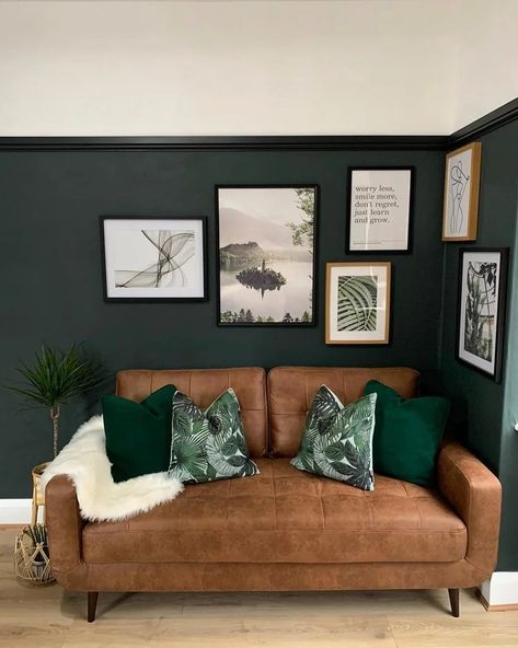 Dark green walls (Studio Green - Farrow and Ball) with a small gallery wall and tan leather sofa in the living room Tan Sofa Living Room, Green Walls Living Room, Dark Green Living Room, Brown Sofa Living Room, Green Living Room Decor, Leather Couches Living Room, Green Living Room, Green Lounge, Feature Wall Living Room