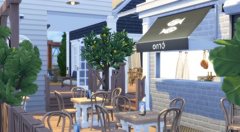 Whiskerman's Seafood | Patreon Sims 4 Seafood Restaurant, Sims 4 Brindleton Bay Restaurant, Sims 4 Restaurant Build, Sims 4 Brindleton Bay, Sims 4 Restaurant, Brindleton Bay, Furniture Cc, Spoon Collection, London Interior