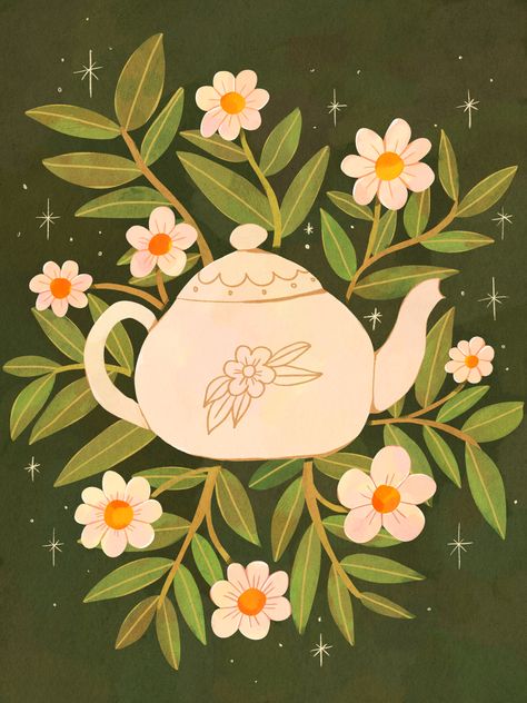 Illustration Art Kitchen, Cottage Core Teapot, Cottagecore Digital Art, Cute Cottagecore Art, Tea Art Drawing, Cottage Core Doodles, Cottagecore Doodles, Teapot Painting, Teapot Illustration