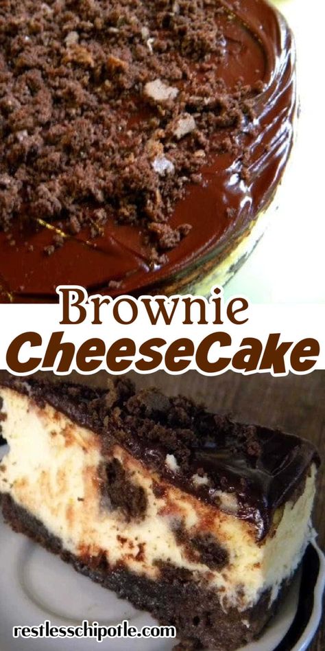 This brownie cheesecake recipe is easy but the results are nothing less than amazing. Creamy, rich cheesecake filling has chunks of chewy brownie scattered through it. It's baked in a brownie crust and then covered with shiny, silky ganache and then topped with brownie crumbs.