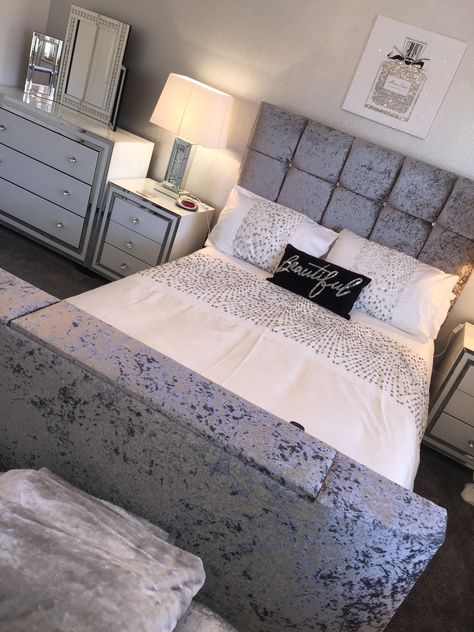 A luxurious crushed velvet TV bed, with crystal buttons, and stunning white glass and mirrored bedroom furniture Gray Velvet Bedroom Ideas, Crushed Velvet Bedroom, Crushed Velvet Bedroom Ideas, Velvet Bedroom Ideas, Bedroom Inspirations Grey, Mirrored Bedroom, Crushed Velvet Bed, Velvet Bedroom, Tv Bed