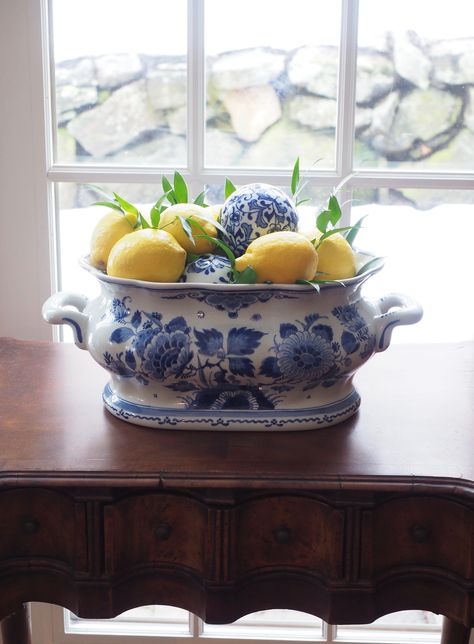 Coastal Grandmother Aesthetic Apartment, Lemon Decorations, Blue And White Living Room, Bank Building, Chinoiserie Decorating, Blue And White Chinoiserie, Blue White Decor, Blue And White Vase, Lemon Decor