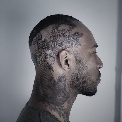 Illustrative Flowers, Wolf Witch, Undercut Tattoos, Tattoo Crane, Black Man Haircut Fade, Scalp Tattoo, Face Tats, Flowers Peony, Black Men Haircuts