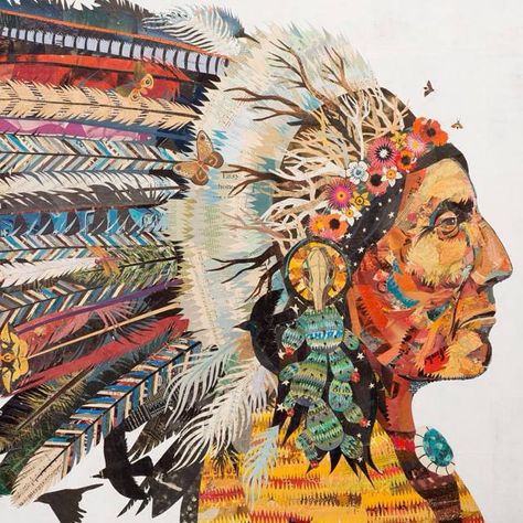 Dolan Geiman, Always Everything. Collage detail. Dolan Geiman, Folding Origami, Indian Headdress, Paper Collage Art, Southwest Art, Collage Artwork, American Indian Art, American Woman, Original Collage