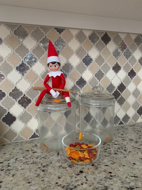 Elf On The Shelf Fishing, Home Interior Ideas, Elf On A Shelf, Wake Ideas, Toilet Bathroom, Elf Ideas, Gold Fish, Celebrity Portraits, Shelf Ideas