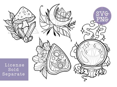 Goth Tattoo Template, Goth Drawing Reference, Goth Cricut Projects, Witchy Cricut Projects, Witchy Svg Files Free, Planchette Tattoo Design, Witchy Stencils, Sticker Reference, Crystal Ball Tattoo